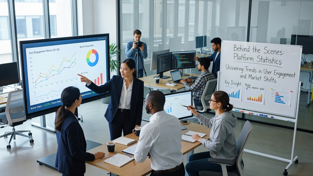 Team of data scientists examining engagement graphs and market trend visualizations on large monitors in a modern analytics center