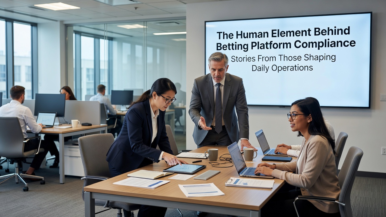 Compliance officer discussing platform monitoring protocols with colleagues at a shared workstation